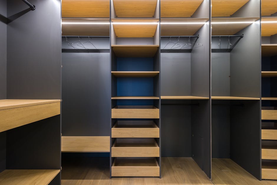 Modern custom closet interior with beautiful lighting